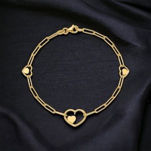 NEW! 14K Yellow Gold Trendy Paperclip Design Link Heart 7.25in Ladies Bracelet